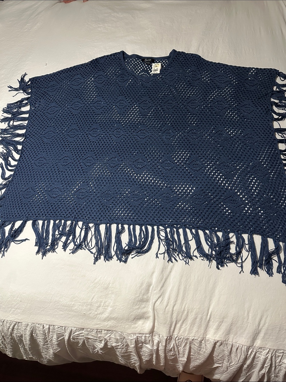 Open-Knit Fringe Poncho Sweater in Navy - Casual Layering